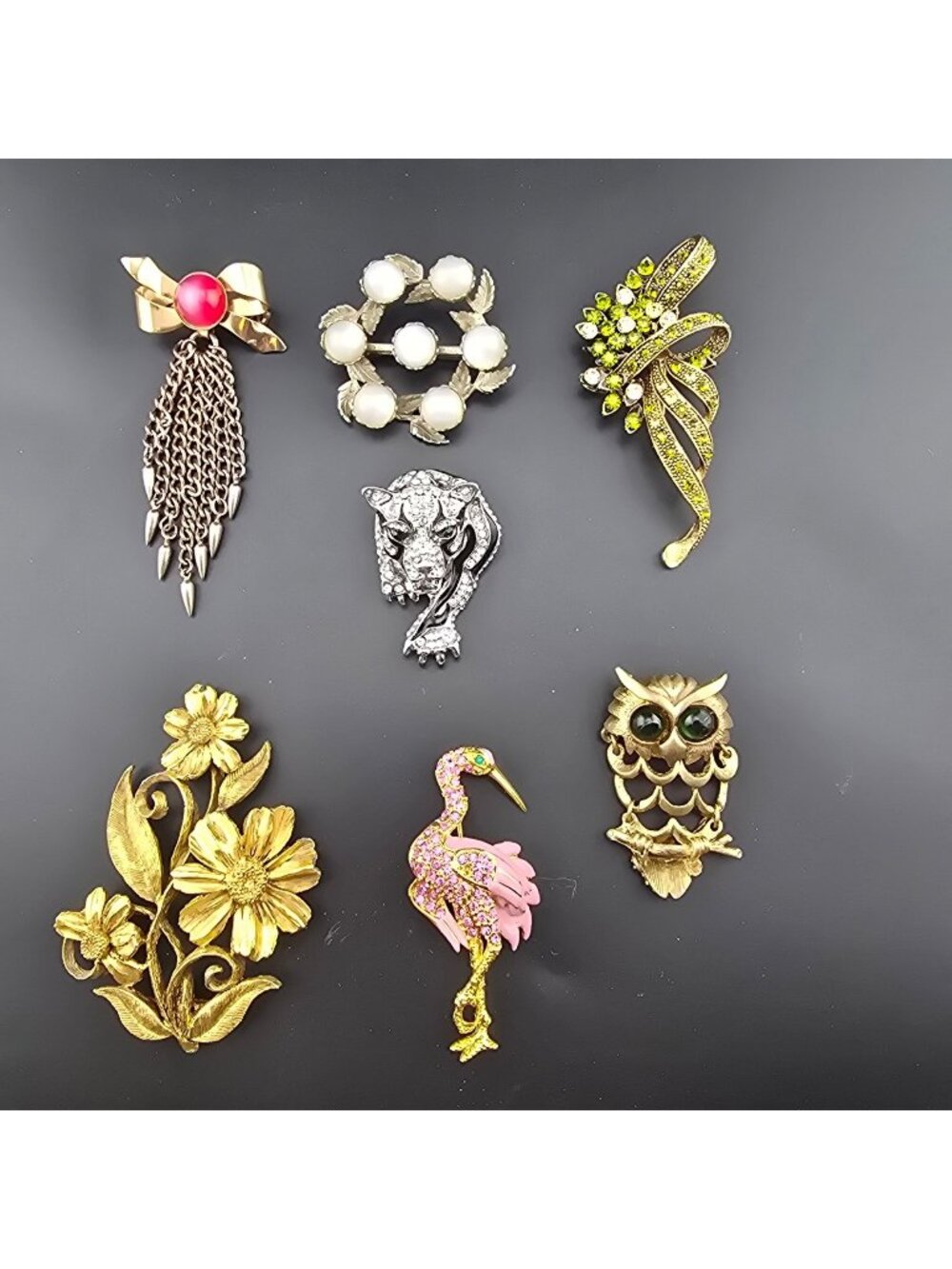 Vintage Gold & Rhinestone Animal & Floral Brooch Set - Owl Flamingo Flowers READ - Picture 1 of 16